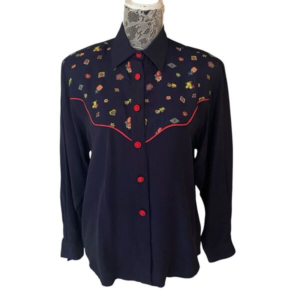Vintage Desert West by Sherry Holt Western Novelty Print Button Down Shirt Blue - Picture 1 of 8